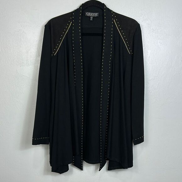 Grayse by Kelly And Marie Gray Black Open Front Cardigan With Gold Studs Size L - Picture 1 of 7
